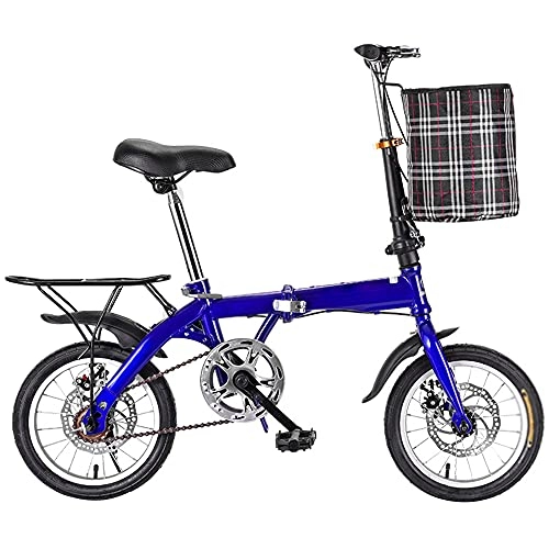 Folding Bike : TANGIST Mountain Bike Blue Bicycle Variable Speed Folding Bike, Adjustable Saddle, Handlebar, Wear-resistant Tires With Basket, Thickened High Carbon Steel Frame(Size:14 inches)