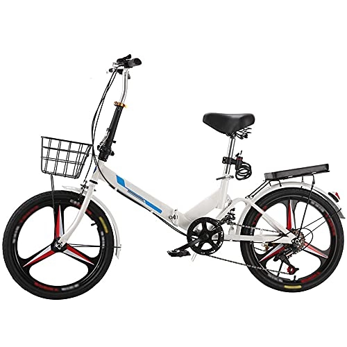 Folding Bike : TANGIST White Bicycle Mountain Bike Variable Speed Folding Bike Shock Absorbing, Running On The Highway, With Back Seat And Basket, Lightweight And Stylish