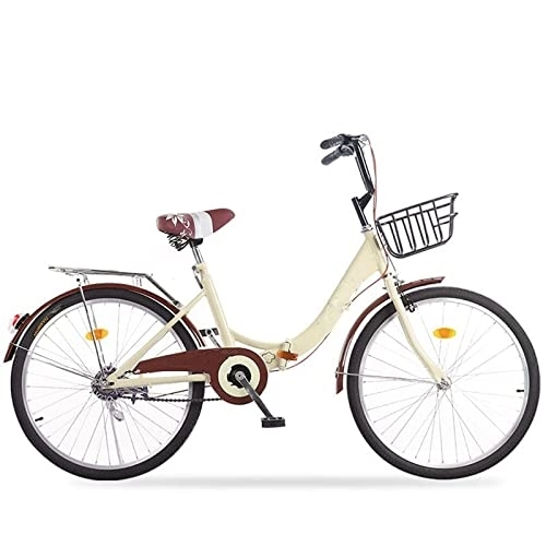 Folding Bike : TAURU Vintage Ladies Bike, Single Speed Women’s Comfort Bike, Portable Foldable Carbon Steel Bicycle (22in, Beige)