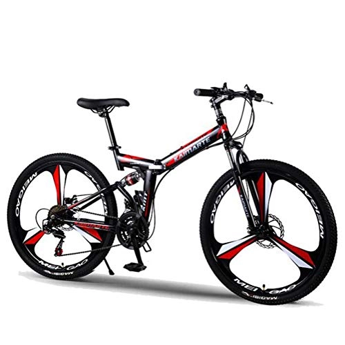 Folding Bike : Tbagem-Yjr 24 Inch Wheel Mountain Bike Bicycle, Shock Absorption Dual Disc Brakes 27 Speed Folding City Road Bicycle (Color : Black red)