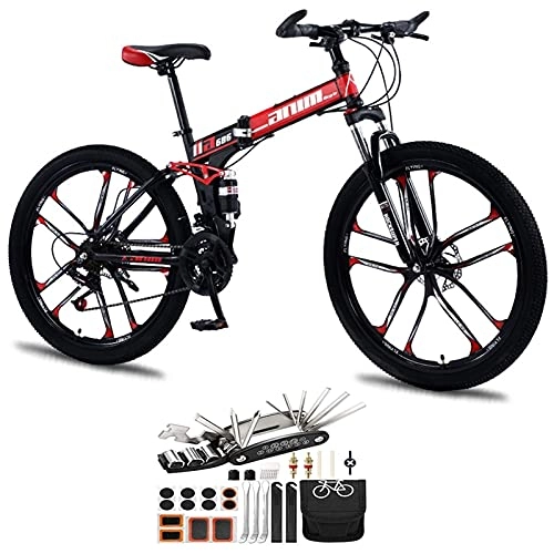 Folding Bike : Tbagem-Yjr 26 Inch Mountain Bike Folding Bicycle 30 Speed 10 Knife Wheels Cross Country Variable Speed Bicycle Double Shock Absorption Lightweight Tool Accessories (Color : Red, Speed : 30speed)
