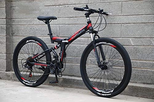 Folding Bike : Tbagem-Yjr 26 Inch Wheel Folding Mountain Bike For Adults, 21 Speed Double Disc Brake City Road Bicycle (Color : Black red)