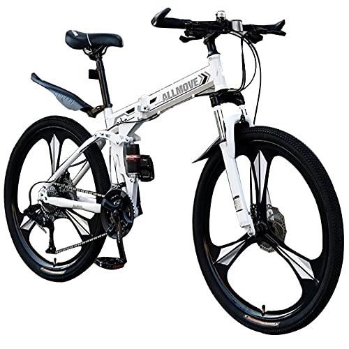 Folding Bike : Tbagem-Yjr Folding Lightweight 26 Inch Mountain Bike, 3 Knife Wheels Full Suspension Frame Bicycle 21 / 24 / 27 / 30 Speed Dual Disc Brake White (Speed : 30speed)