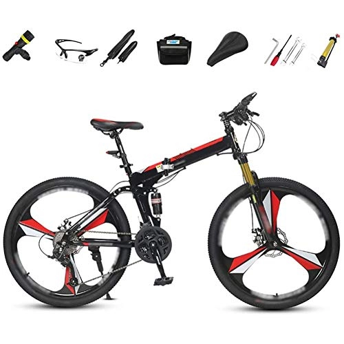 Folding Bike : TcooLPE Off-road Mountain Bike, 26-inch Folding Shock-absorbing Bicycle, Male And Female Adult Lady Bike, Foldable Commuter Bike 27 Speed Gears with Double Disc Brake (Color : Red)