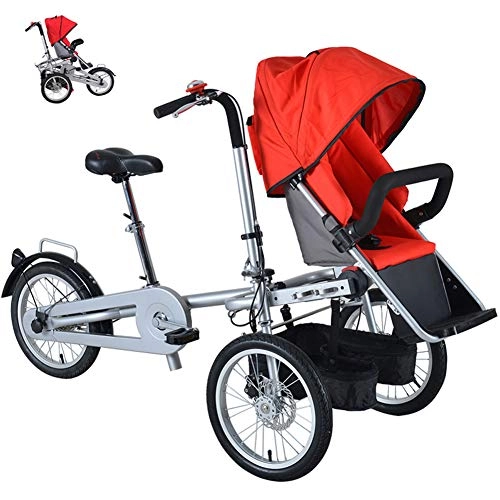 Folding Bike : TTFGG Adult Bike Folding Tricycle Baby Stroller Can Sit And Ride, Parent-Child Car Mother-Child Car Baby Stroller Bicycle, Red