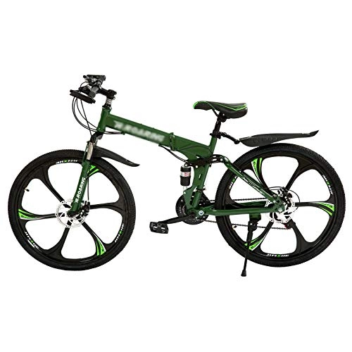 Folding Bike : Unisex 26Inch Folding Mountain Bike for Adults, 21 Speed Bicycle Suspension MTB Bikes, High Carbon Steel Frame, Dual Disc Brake, Green