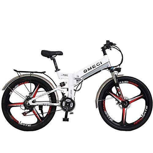 Folding Bike : Unisex Double Suspended Mountain Bike 26 Inch Overall Wheel 21 Speed Student Commuter City Folding Bicycle, White-48V10ah