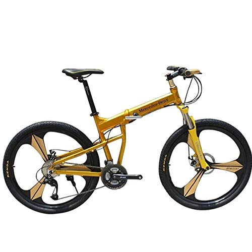 Folding Bike : W&TT Adults 26 Inch Folding Mountain Bike 21 / 27 Speeds Off-road Bike 17" Aluminum Alloy Frame Bicycles with Suspension Shock Absorber and Disc Brake, Yellow, 27S