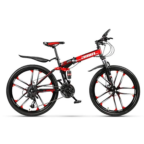 Folding Bike : W&TT Adults Folding Mountain Bike 24 / 26 Inch High Carbon Soft Tail Bicycle 21 / 24 / 27 / 30 Speeds Dual Disc Brakes Off-road Shock Absorber Bicycle, Red, 24Inch21S