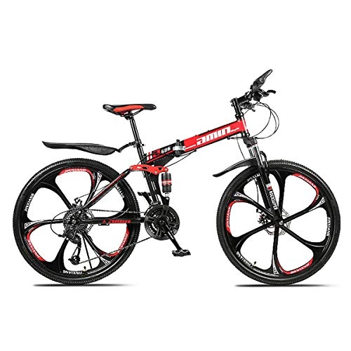 Folding Bike : W&TT Folding Mountain Bike 24 / 26 Inch Adults Off-road Shock Absorber Bicycle 21 / 24 / 27 / 30 Speeds Dual Disc Brakes Bike with High Carbon Soft Tail Frame, Red, 24Inch24S