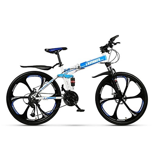 Folding Bike : W&TT Folding Mountain Bike 24 / 26 Inch Adults Off-road Shock Absorber Bicycle 21 / 24 / 27 / 30 Speeds Dual Disc Brakes Bike with High Carbon Soft Tail Frame, White, 24Inch21S