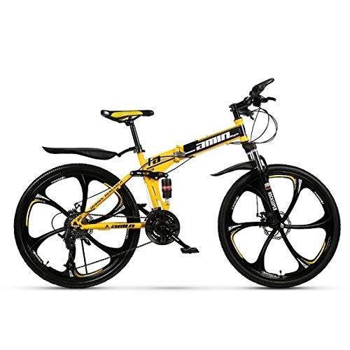Folding Bike : W&TT Folding Mountain Bike 24 / 26 Inch Adults Off-road Shock Absorber Bicycle 21 / 24 / 27 / 30 Speeds Dual Disc Brakes Bike with High Carbon Soft Tail Frame, Yellow, 24Inch24S