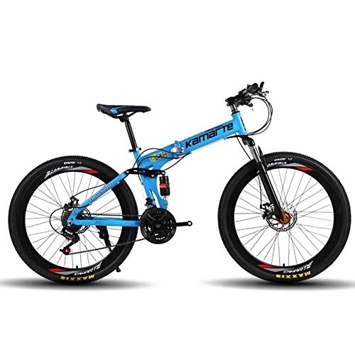 Folding Bike : WEHOLY Bicycle Mountain Bike 24 Speed Steel Frame 26 Inches Spoke Wheel Dual Suspension Folding Bike, Blue, 21speed