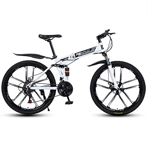 Folding Bike : WGYDREAM Mountain Bike, Collapsible Mountain Bicycles 26" Dual Disc Brake Double Suspension Ravine Bike, 21 24 27 speeds Carbon Steel Frame (Color : White, Size : 24 Speed)