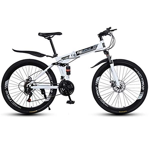 Folding Bike : WGYDREAM Mountain Bike, Foldable Mountain Bicycles Full Suspension MTB Bikes Dual Disc Brake Ravine Bike, 26 inch Spoke Wheels (Color : White, Size : 21-speed)