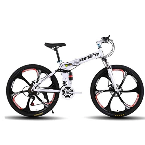 Folding Bike : WGYDREAM Mountain Bike, Foldable Ravine Bike 24 Inch Dual Disc Brake Full Suspension Mountain Bicycle, 21 24 27 speeds Carbon Steel Frame (Color : White, Size : 27 Speed)
