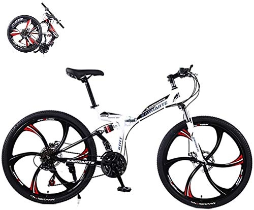 Folding Bike : WJJH Bicycle Folding Adult Mountain Bikes, 27 Speed ​​Gears Dual Disc Brakes Mountain Bicycle High Carbon Steel Full Suspension Frame Outroad Bikes, White, 26in