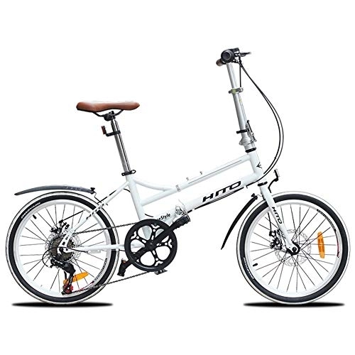 Folding Bike : WJSW Adults Folding Bikes, 20 Inch 6 Speed Disc Brake Foldable Bicycle, Lightweight Portable Reinforced Frame Commuter Bike with Front and Rear Fenders, White