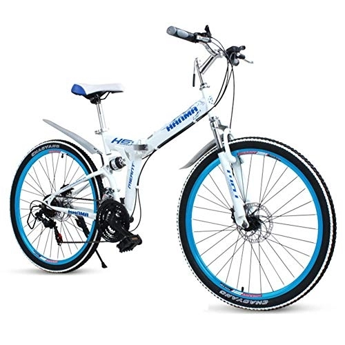 Folding Bike : WJSW Adults Folding Bikes, High-carbon Steel Double Disc Brake Folding Mountain Bike, Dual Suspension Foldable Bicycle, Portable Commuter Bike, White, 24" 21 Speed