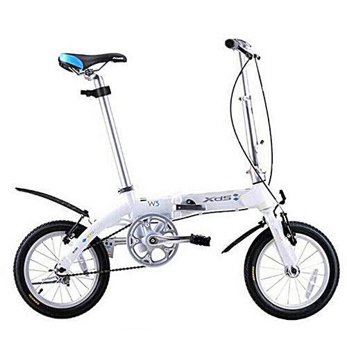 Folding Bike : WJSW Unisex Folding Bike, 14 Inch Mini Single-Speed Urban Commuter Bicycle, Foldable Compact Bicycle with Front and Rear Fenders, White