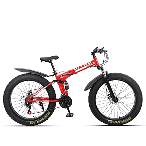 Folding Bike : WLWLEO Mens Mountain Bike 26 inch 4.0 Fat Tire Snow Bike Foldable Bicycle Double Shock Absorption, Disc Brakes, Professional Variable Speed Bike, Red, 27 speed