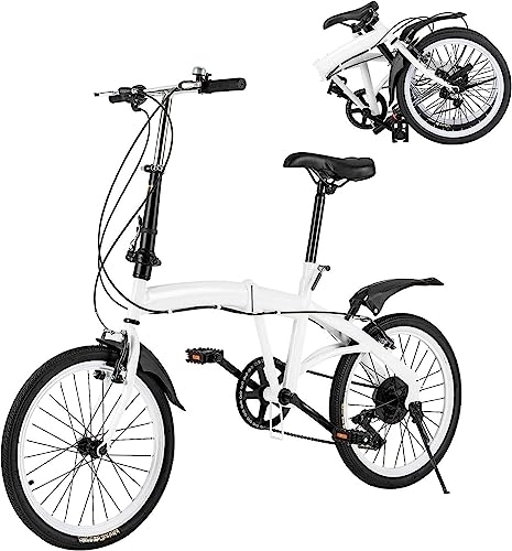 Folding Bike : WOLWES Folding Bike, Carbon Steel Bicycles Folding Bike with 7 Speed Gears 20-inch & Double v-Brake Easy Folding City Bicycle for Adult Men Women A, 20in