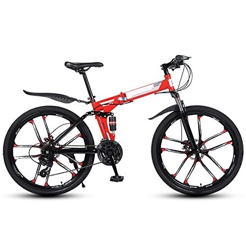 Folding Bike : WYZDQ 26 Inch Mountain Bike Front And Rear Shock Absorber Bicycle Variable Speed Folding Student Adult Work Outdoor Bike, Red, 10 knife 27 speed