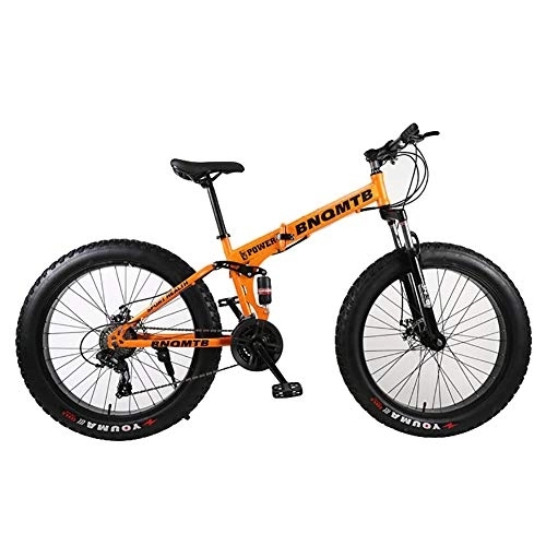 Folding Bike : WZJDY 24in Fat Tires Snowmobile, Folding Mountain Bike Bicycle with Fork Rear Suspension and Double Disc Brake, Orange, 27 Speed