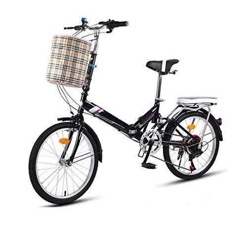 Folding Bike : XBSXP 20in 7-speed City Folding Bike, Compact Mini Womens Bike, City Commuter Folding Bicycle, Double Brake, Bicycle Seats for Comfort，With Back Frame and Bell, Basket (Color : Black)
