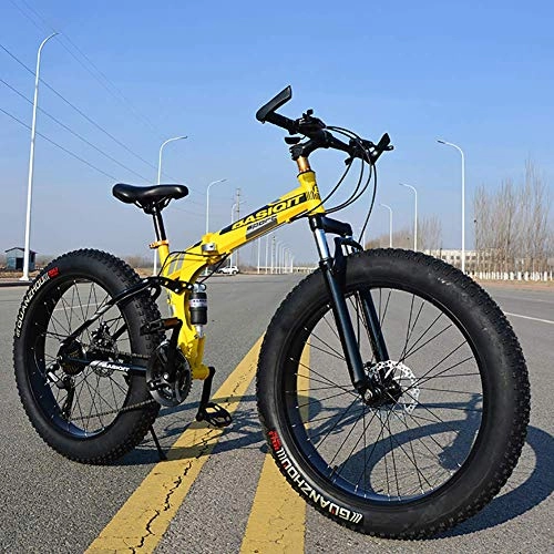 Folding Bike : XIAOFEI 21 Speed Mountain Bike 26 * 4.0 Fat Tire Bikes Shock Absorbers Bicycle Snow Bike, Folding Variable Off-Road Beach Snowmobile 4.0 Super Wide Tires, Yellow, 26