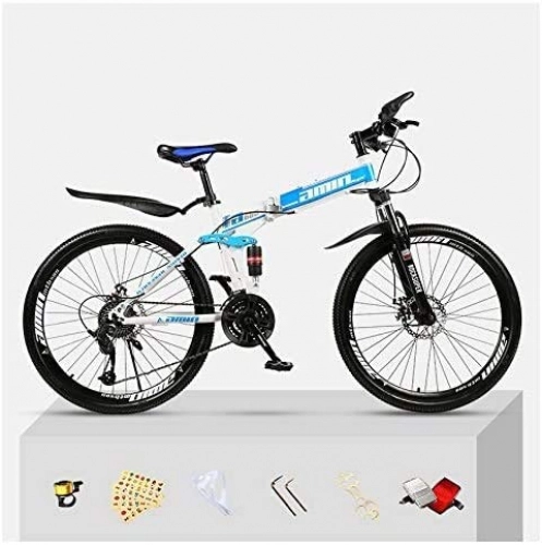 Folding Bike : YAOJIA Folding bycicles adult bike Folding Mountain Bike Unisex | Dual Suspension 30 Speed Shock-Absorbing Off-Road Folding City Bicycle trek road bike (Color : Blue and White, Size : 26 inches)