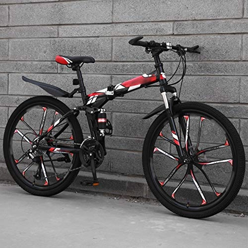 Folding Bike : YRYBZ Mountain Bike Folding Bikes, 27-Speed Double Disc Brake Full Suspension Bicycle, 26 Inch Off-Road Variable Speed Bikes for Men And Women / Red