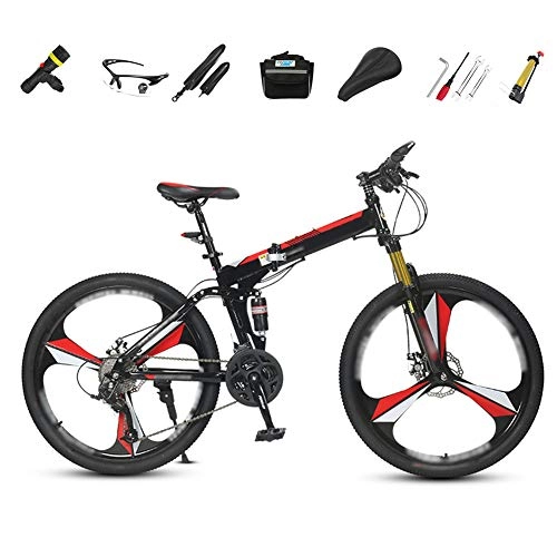 Folding Bike : YRYBZ Off-road Mountain Bike, 26-inch Folding Shock-absorbing Bicycle, Male And Female Adult Lady Bike, Foldable Commuter Bike - 27 Speed Gears with Double Disc Brake / Red