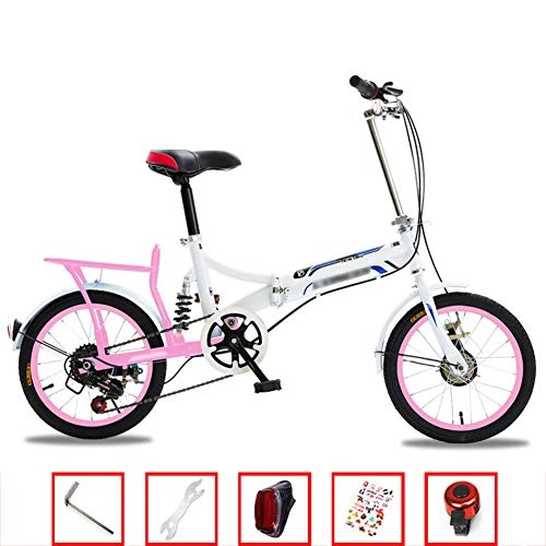 Folding Bike : YSHCA 16 Inch 6 Speed Folding Bike, Low Step-Through Steel Frame Foldable Compact Bicycle with Rack and Comfort Saddle Urban Riding and Commuting, Pink