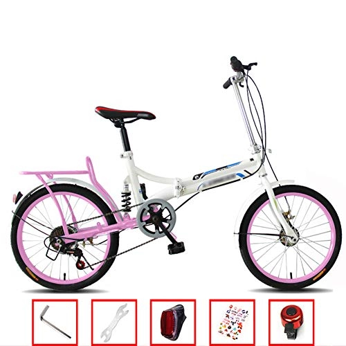 Folding Bike : YSHCA 20 Inch 6 Speed Folding Bike, Low Step-Through Steel Frame Foldable Compact Bicycle with Rack and Comfort Saddle Urban Riding and Commuting, Pink