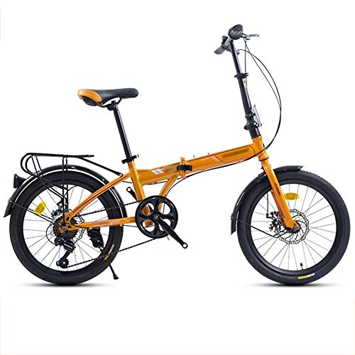 Folding Bike : YSHCA20 Inch Folding Bike, 7 Speed Low Step-Through Steel Frame Foldable Compact Bicycle with Comfort Saddle and Rack for Adults, Orange