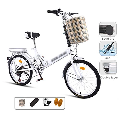 Folding Bike : YSHCA20 Inch Folding Bike, 7 Speed Low Step-Through Steel Frame Foldable Compact Bicycle with Comfort Saddle Carrying Bag and Rack, White-C