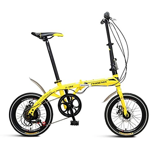 Folding Bike : Yunyisujiao Folding Bicycle 16 Inch Shift Bicycle Lightweight Adult Men And Women Folding Bike Double Disc Brake Folding Bicycle (Color : YELLOW, Size : 130 * 30 * 83CM)