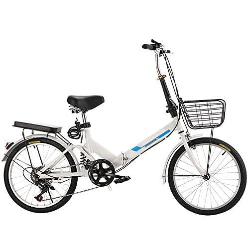 Folding Bike : ZHANGOO White Folding Bike Mountain Bike, Variable Speed Running On The Highway, With Back Seat And Basket, ​Shock ​Absorbing Lightweight And Stylish Bicycle
