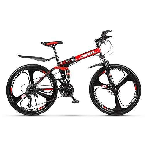 Folding Bike : ZJPQ Folding Mountain Bike, 21 / 24 / 27 / 30 Shifting Bicycle Off-Road Racing, Double Shock Absorption Bicycle Outdoor Car / Red / 24