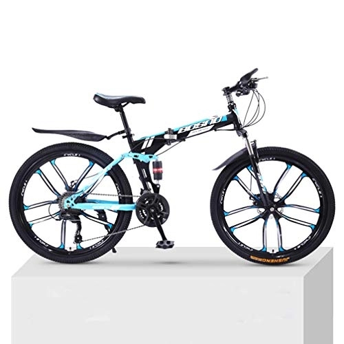 Folding Bike : ZKHD 21-Speed 10-Knife-Wheel Mountain Bike Bicycle Adult Folding Double Damping Off-Road Variable Speed Male And Female Bicycles, black blue, 26 inch