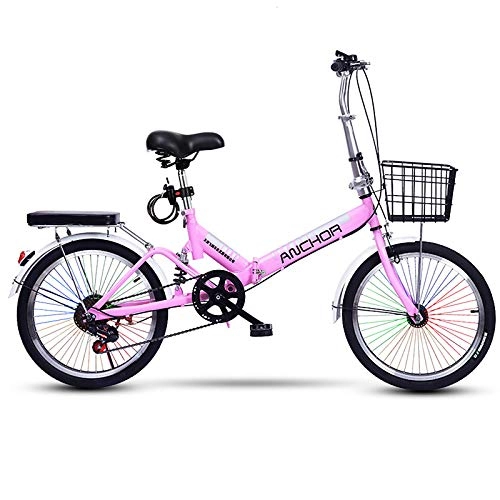 Folding Bike : ZPEE Carbon Steel Dual Disc Brakes Folding Bicycle, 20in Color Tires Shock Speed Mountain Bike, Men Women Leisure Commuter Bike With Basket