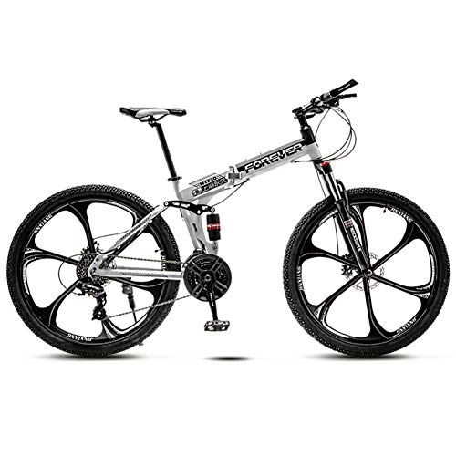 Folding Bike : ZTIANR Mountain Bicycle, 26" Folding Mountain Bike 21 / 24 / 27 / 30 Wheel Front Suspension Mountain Bike Adult Double Disc Brake Speed Bicycle, White, 30 speed