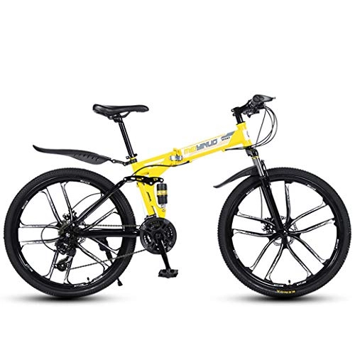 Folding Bike : ZTYD 26 Inch 27-Speed Mountain Bike for Adult, Lightweight Aluminum Full Suspension Frame, Suspension Fork, Disc Brake, Yellow, E