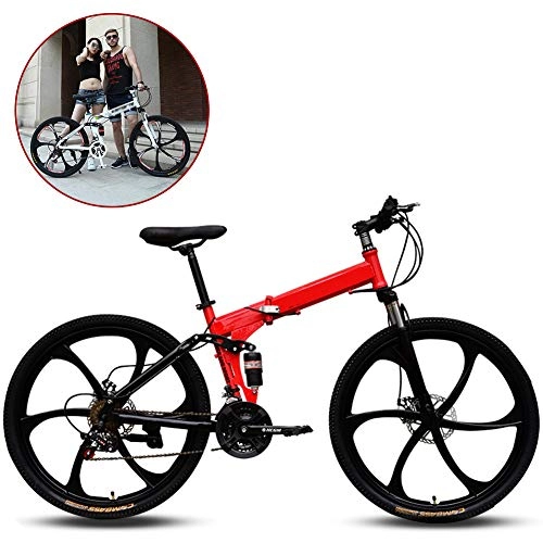 Folding Bike : ZWFPJQD 26 Inches Folding Mountain Bike Bicycle 21Speed Men And Women Speed Student Adult Bicycle Double Shock Racing with 6 Cutter Wheel / Red