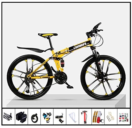 Folding Bike : ZWFPJQD GLJ Folding Bike, Mountain Bicycle, Folding Speed Mountain Bike, Adult Car Student Folding Car Men And Women Folding Speed Bicycle Damping Bicycle, High-Carbon Steel Soft Tail Bike / Yellow