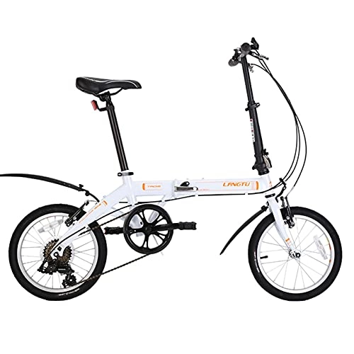 Folding Bike : ZXQZ 16-inch Folding Bike, 6 Speed Bicycles with Bilateral Folding Pedals High Carbon Steel Frame, for Student Car / Transport To Work (Color : White)