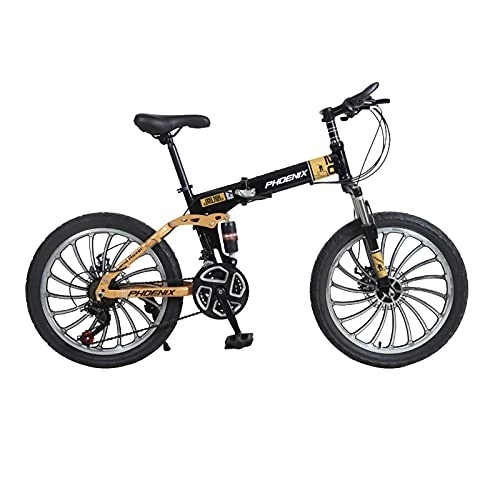 Folding Bike : ZXQZ 20 Inch Folding Bike, 7-speed Student Mountain Bike with Front and Rear Mechanical Brakes, for Boys and Girls (Color : Gold)