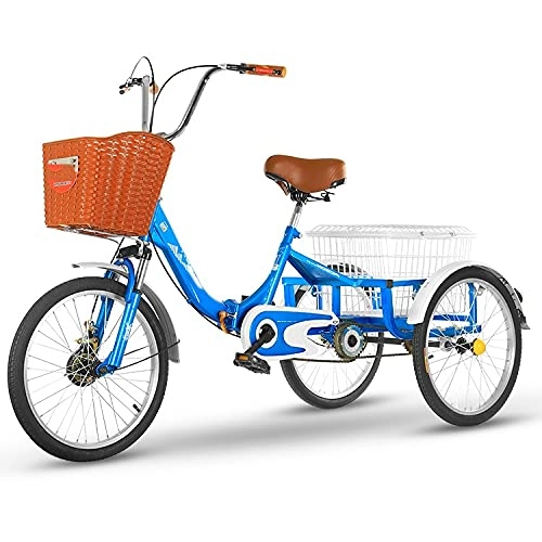 Folding Bike : zyy 1 Speed 3-Wheel Adult Trike Bike 20" Foldable Tricycle with Basket for Adults with Removable Wheeled Basket Bell for Recreation, Shopping, Picnics Exercise