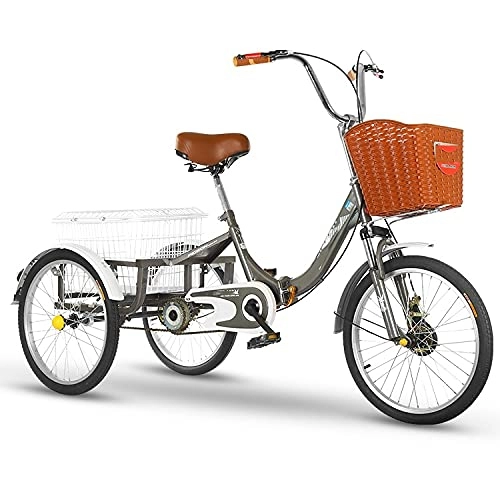 Folding Bike : zyy Adult Folding Tricycles with 20" Big Wheels Large Front 1 Speed with Low Step-Through Men's Women's Bike W / Cargo Basket with Adjustable Cruiser Bike Seat (Color : Gray)